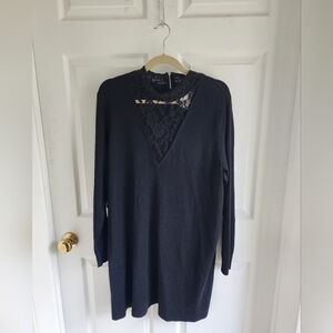Michel studio Black knit cocktail dress with V Lace Neck Accent Long Sleeves 2X